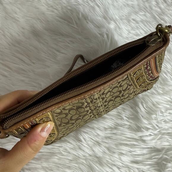 COACH Brown Signature Stub Suede Canvas Wristlet - Picture 4 of 9